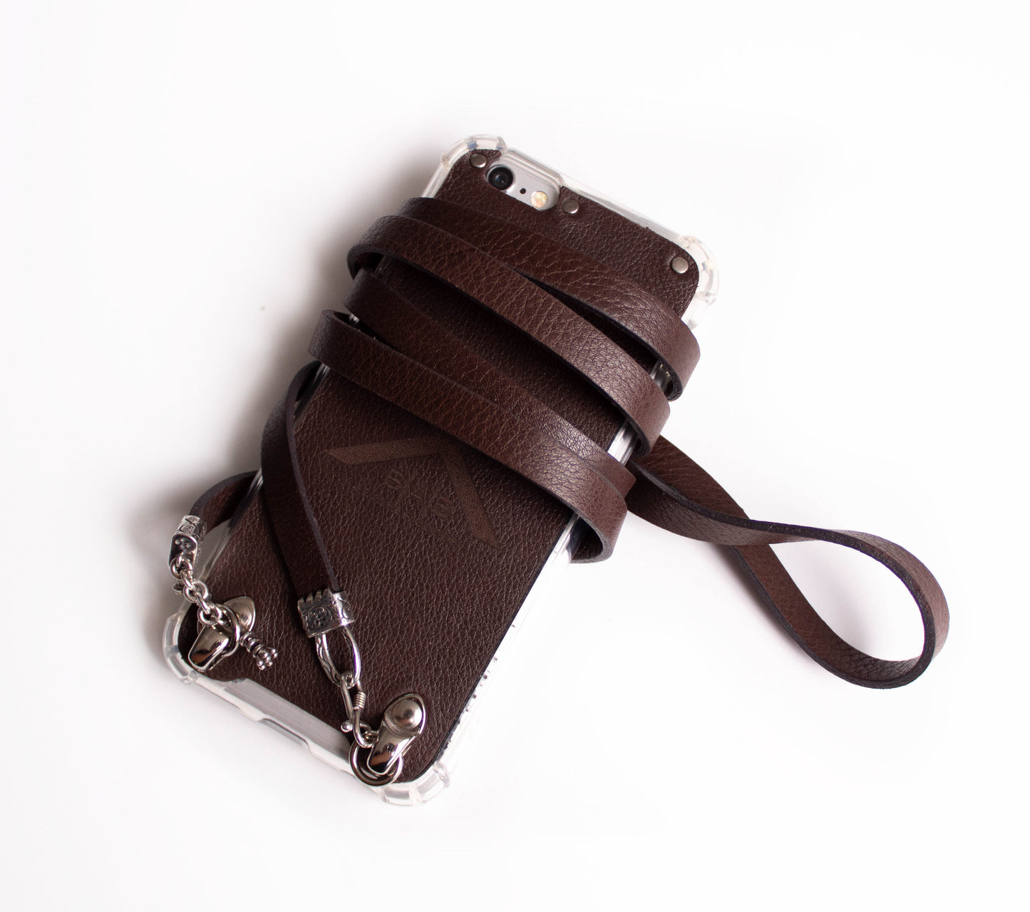 Coque en Cuir Véritable Pleine Fleur tanné végétal au tanin pour iPhone/microfibre. 2 Bornes, 1 Canne, 1 Fermoir en S et 6 Anneaux, en Argent 925 & Double Bandoulière/Collier/Bracelet en Cuir Véritable, Bleu, Marron, Noir ou rouge.- F05