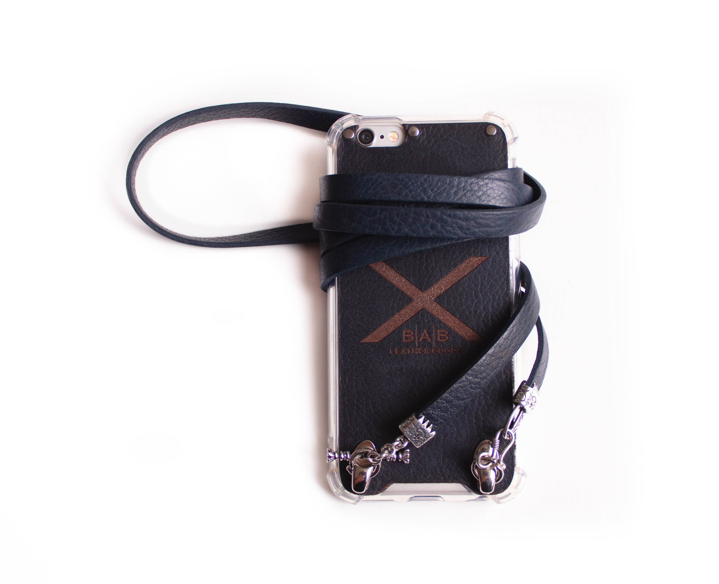 Coque en Cuir Véritable Pleine Fleur tanné végétal au tanin pour iPhone/microfibre. 2 Bornes, 1 Canne, 1 Fermoir en S et 6 Anneaux, en Argent 925 & Double Bandoulière/Collier/Bracelet en Cuir Véritable, Bleu, Marron, Noir ou rouge.- F05