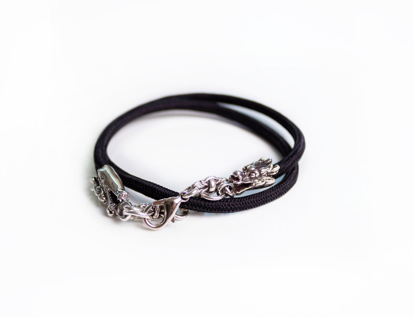 2 Dragon Terminals, 2 Links, and 6 Rings, all made of solid 925 Sterling Silver & Black Elastic Rope Strap/Choker/Bracelet.- PP08
