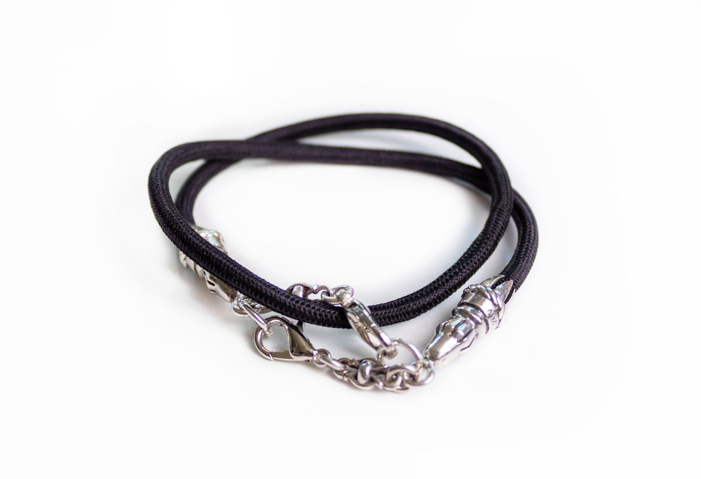 2 Rope Ends, 2 Links, and 6 Rings, all made of solid 925 Sterling Silver & Black Elastic Rope Strap/Choker/Bracelet.- PP40