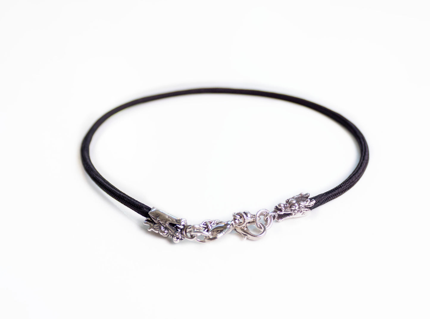 2 Dragon Terminals, 2 Links, and 6 Rings, all made of solid 925 Sterling Silver & Black Elastic Rope Strap/Choker/Bracelet.- PP08
