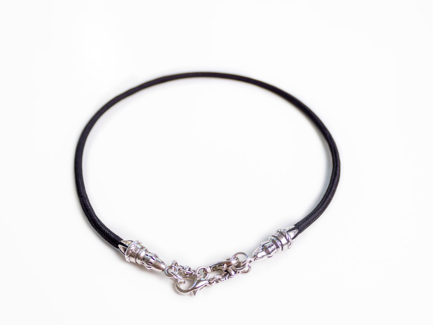 2 Rope Ends, 2 Links, and 6 Rings, all made of solid 925 Sterling Silver & Black Elastic Rope Strap/Choker/Bracelet.- PP40
