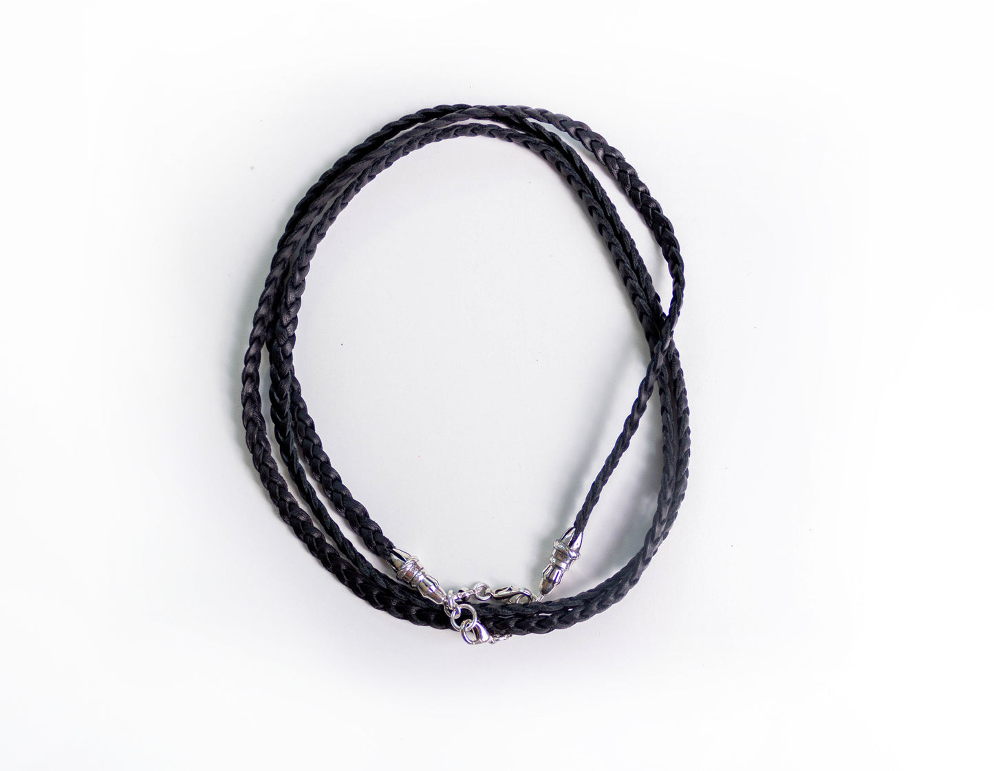2 Rope Terminals, 2 Links, and 6 Rings, all made of Solid 925 Sterling Silver & Genuine Leather Crossbody/Necklace/Choker/Bracelet, with three hand-braided double strands, Brown or Black.- CP14
