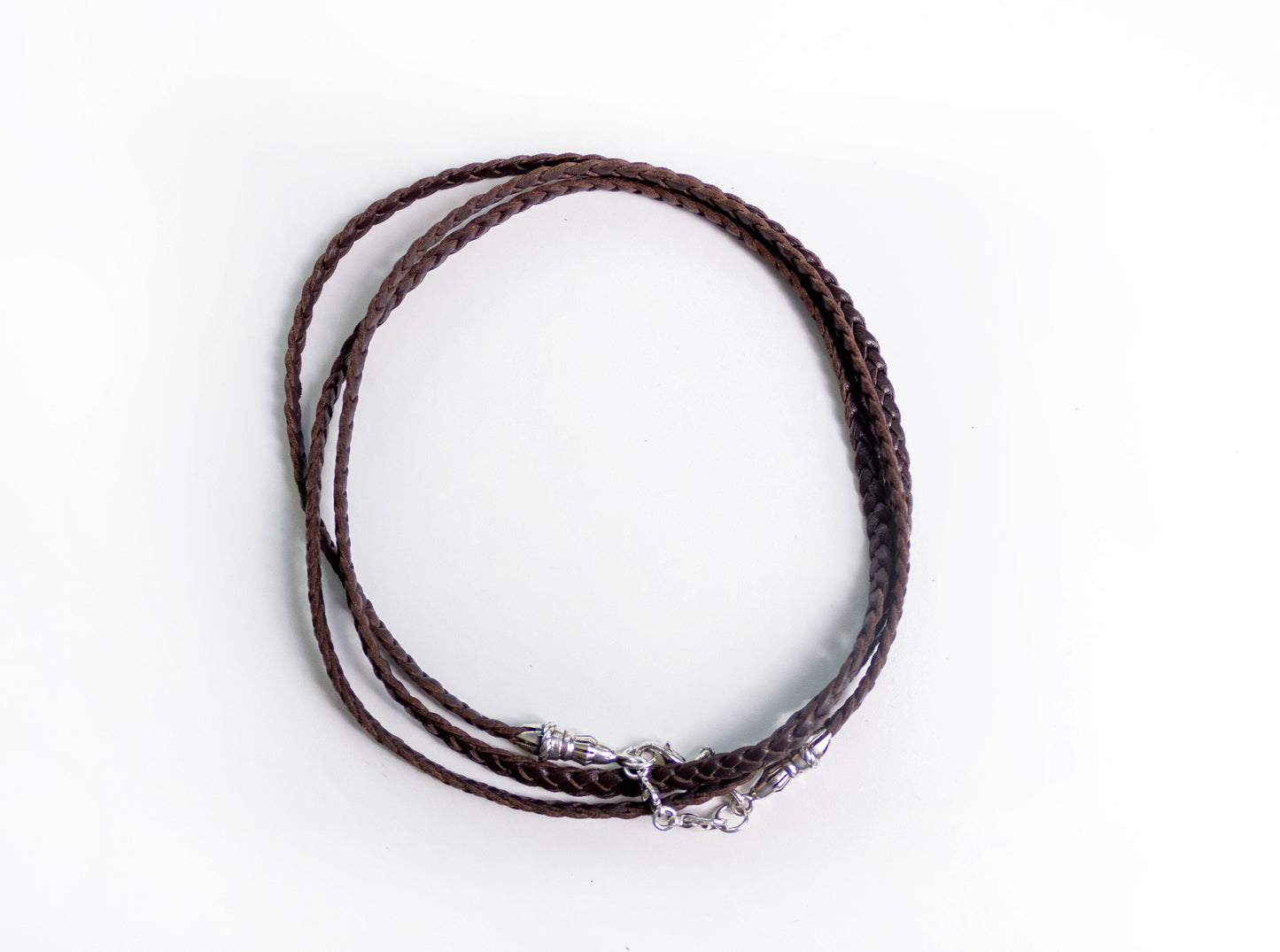 2 Rope Terminals, 2 Links, and 6 Rings, all made of Solid 925 Sterling Silver & Genuine Leather Crossbody/Necklace/Choker/Bracelet, with three hand-braided double strands, Brown or Black.- CP14