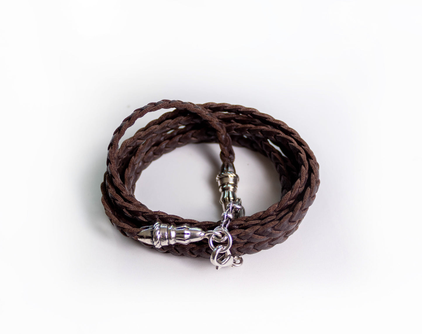 2 Rope Terminals, 2 Links, and 6 Rings, all made of Solid 925 Sterling Silver & Genuine Leather Crossbody/Necklace/Choker/Bracelet, with three hand-braided double strands, Brown or Black.- CP14