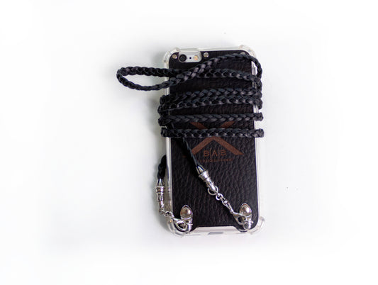 Full-Grain vegetable-tanned Genuine Leather Case for iPhone/microfiber. 2 Rope Terminals, 2 Links, and 6 Rings, all made of 925 Sterling Silver & Crossbody/Necklace/Choker/Bracelet with three hand-braided double strands, Brown, or Black.- F14