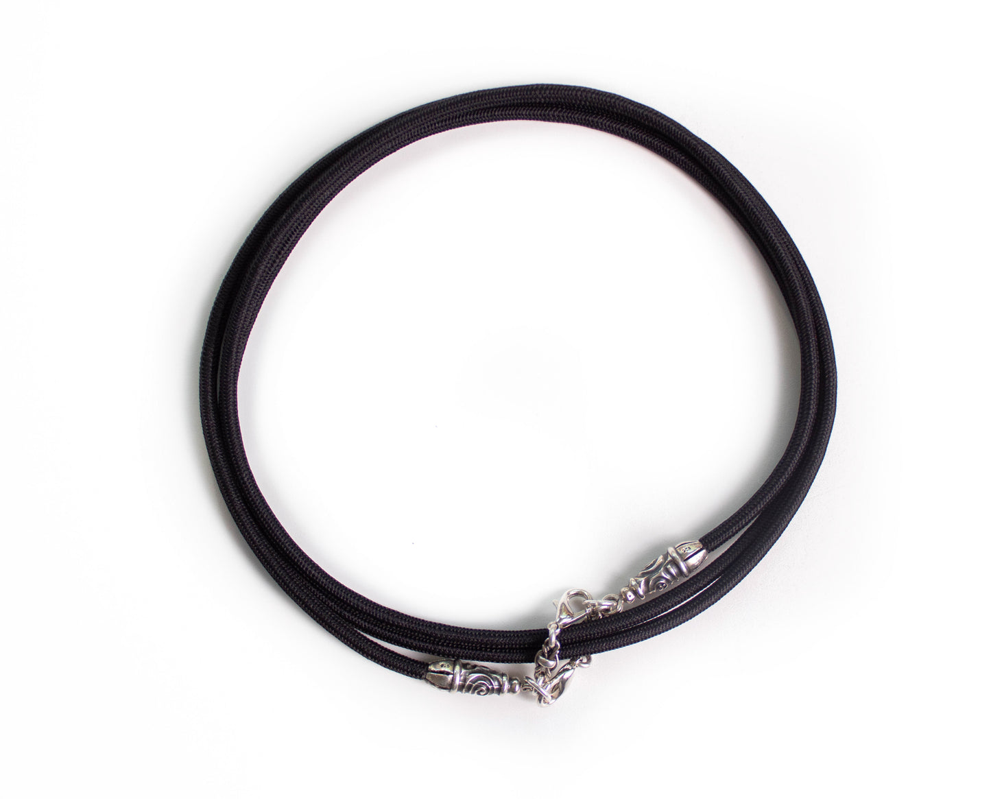 2 Spiral Terminals, 2 Links, and 6 Rings, all made of solid 925 Sterling Silver & Black Elastic Rope Crossbody/Necklace/Choker/Bracelet.- CP11