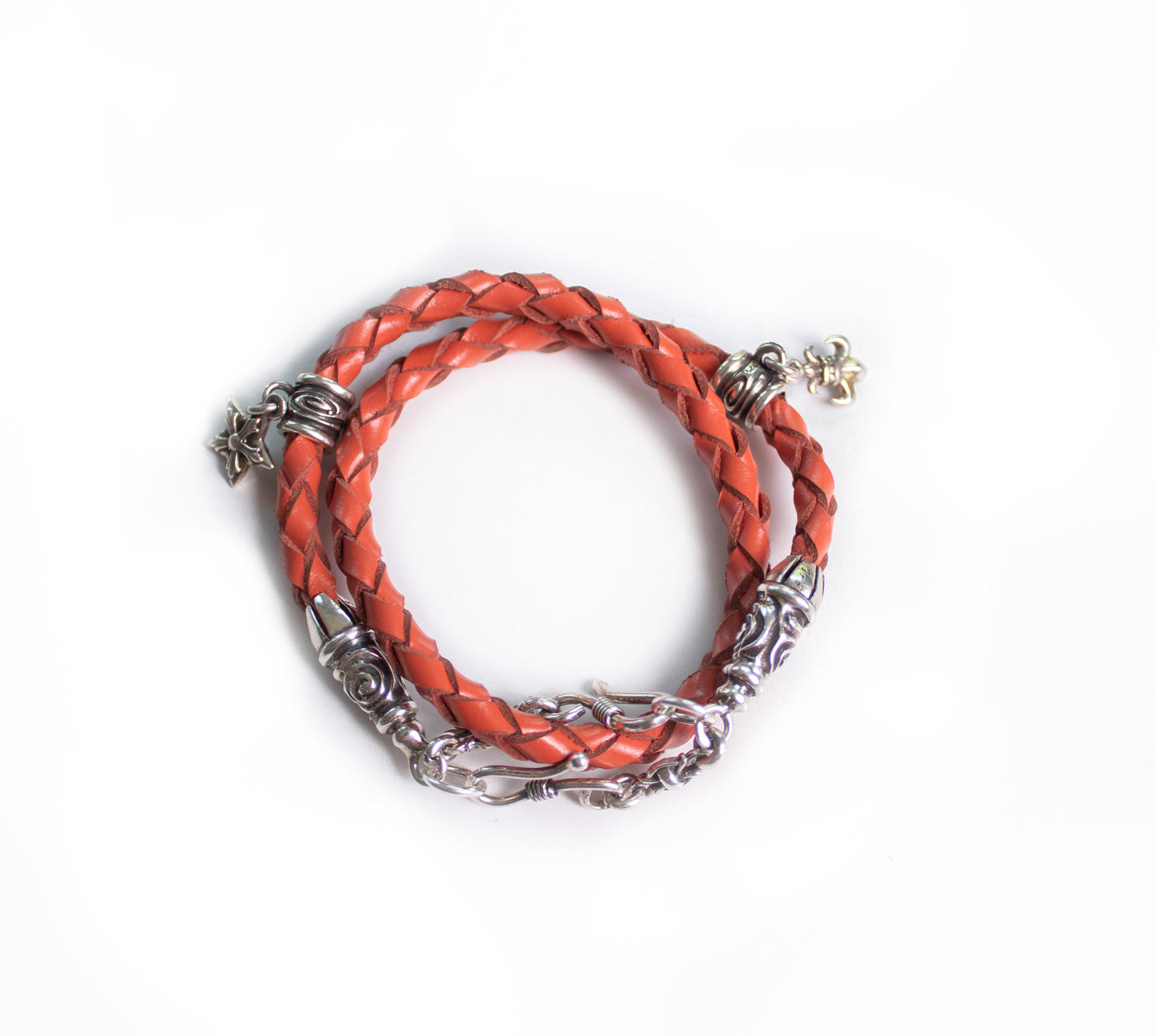 2 Spiral Terminals, 2 Links, 2 S-Clasps, 2 Pendant Pins, and 8 Rings, all made of solid 925 Sterling Silver & Genuine Leather Strap/Choker/Bracelet with 4 hand-braided strands.- PP02