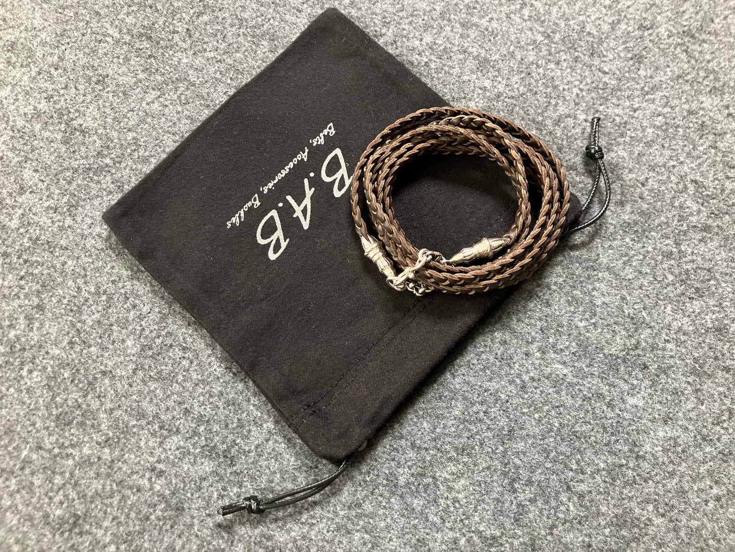 2 Rope Terminals, 2 Links, and 6 Rings, all made of Solid 925 Sterling Silver & Genuine Leather Crossbody/Necklace/Choker/Bracelet, with three hand-braided double strands, Brown or Black.- CP14
