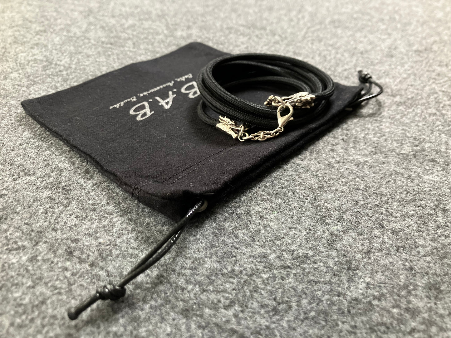 Full-Grain vegetable-tanned Genuine Leather Case/Holder for iPhone/Samsung/microfiber. 2 Dragon Terminals, 2 Links, and 6 Rings, all made of 925 Sterling Silver & Black Elastic Rope Crossbody/Necklace/Choker/Bracelet.- KC09