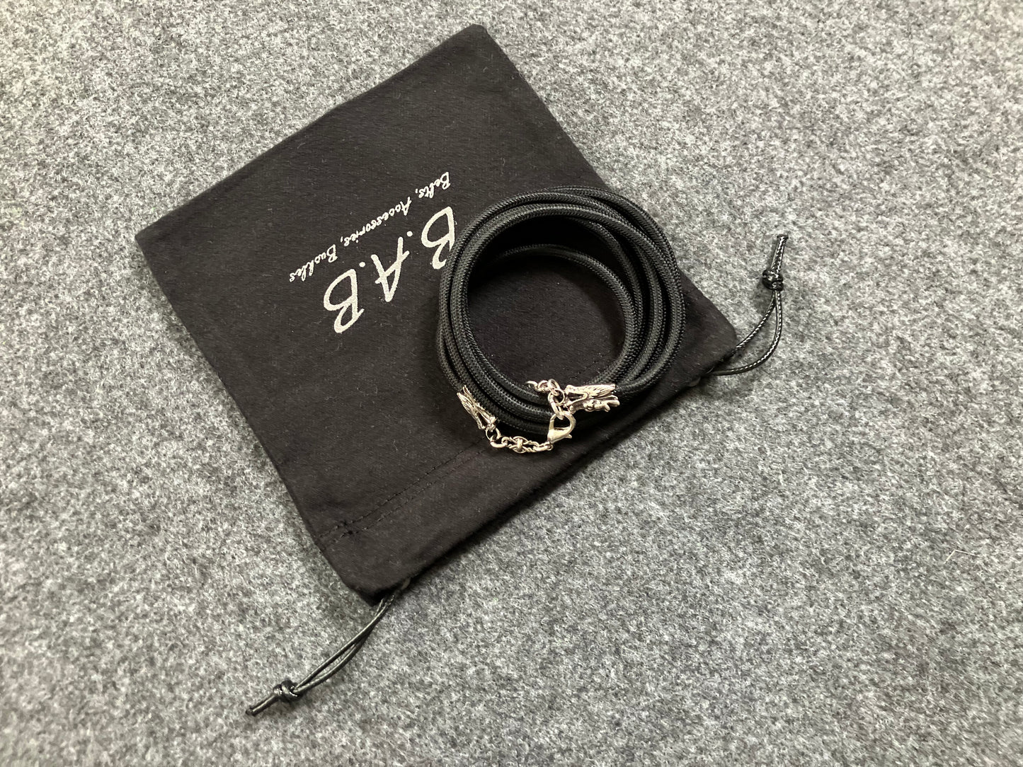 Full-Grain vegetable-tanned Genuine Leather Case/Holder for iPhone/Samsung/microfiber. 2 Dragon Terminals, 2 Links, and 6 Rings, all made of 925 Sterling Silver & Black Elastic Rope Crossbody/Necklace/Choker/Bracelet.- KC09