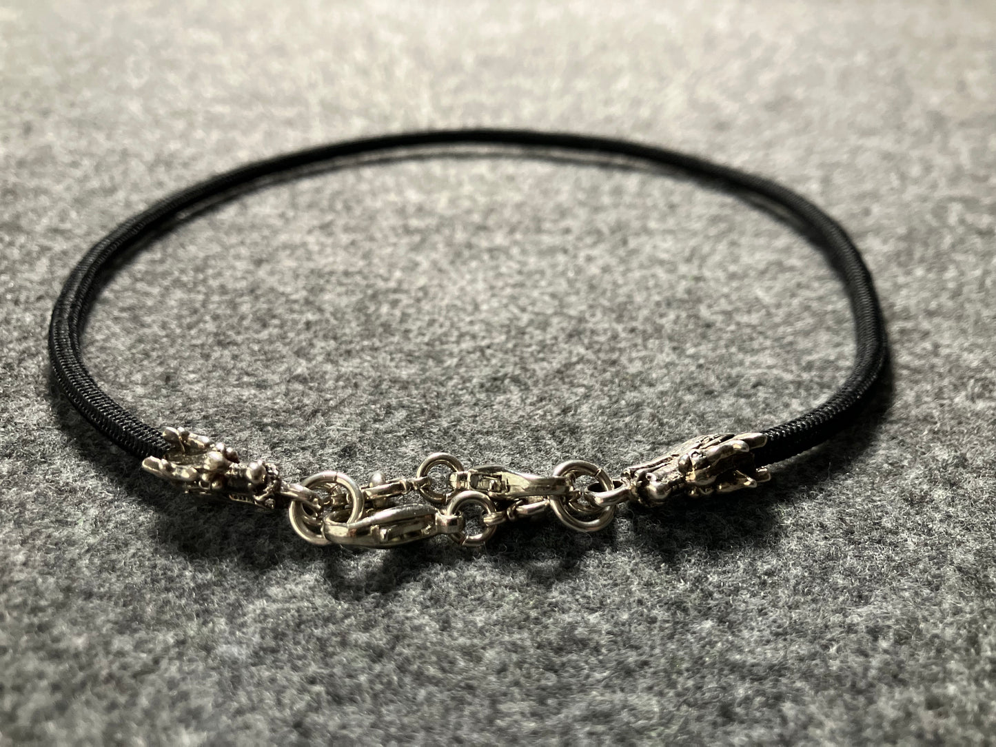 2 Dragon Terminals, 2 Links, and 6 Rings, all made of solid 925 Sterling Silver & Black Elastic Rope Strap/Choker/Bracelet.- PP08