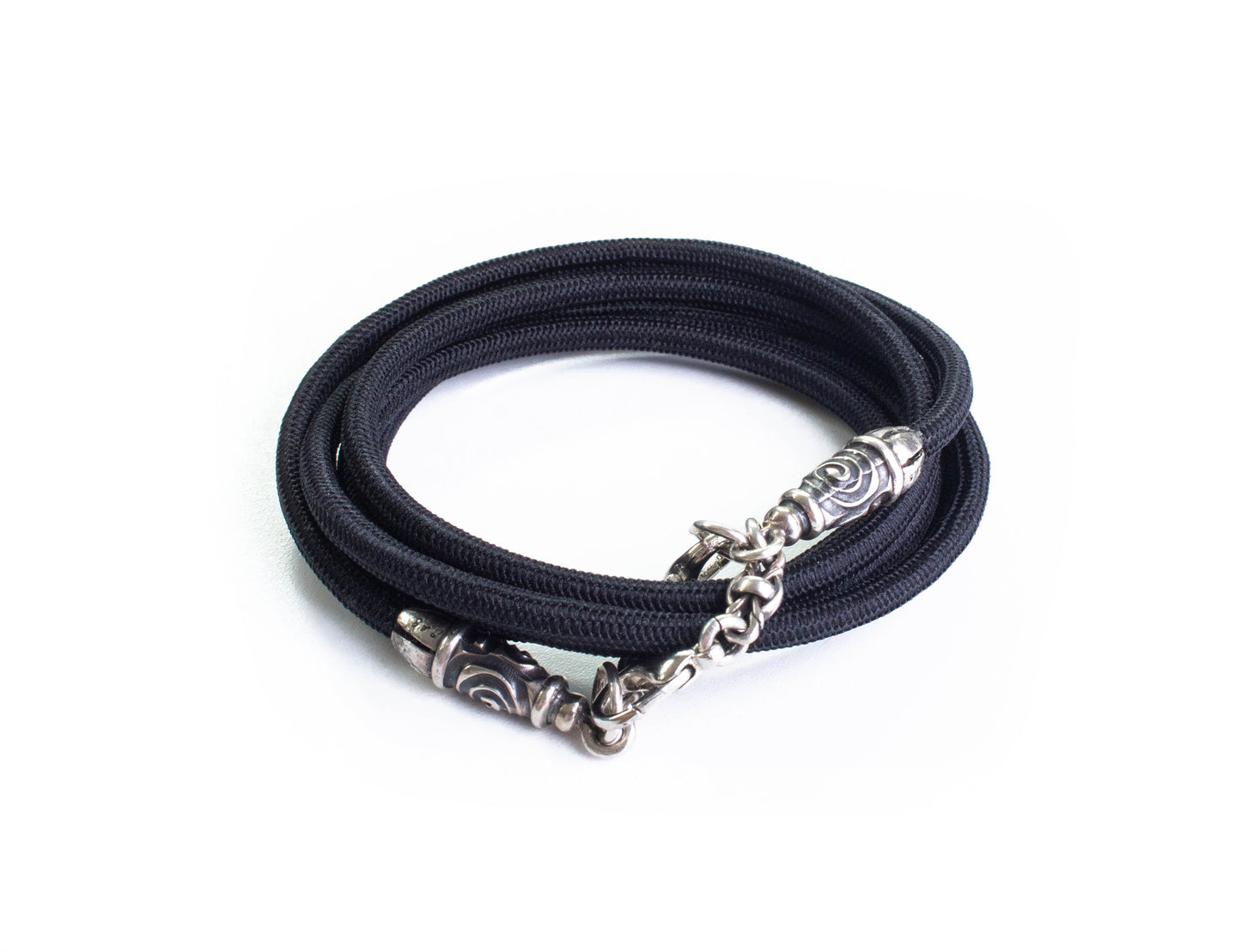 2 Spiral Terminals, 2 Links, and 6 Rings, all made of solid 925 Sterling Silver & Black Elastic Rope Crossbody/Necklace/Choker/Bracelet.- CP11