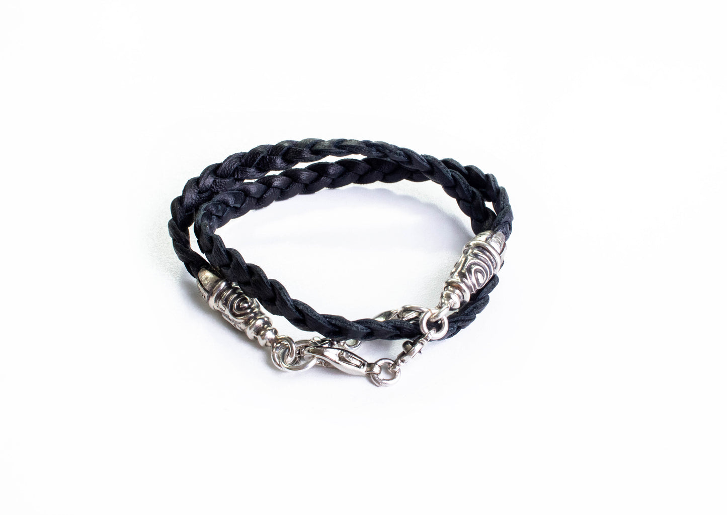 2 Spiral Terminals, 2 Links, and 6 Rings, all made of solid 925 Sterling Silver & Genuine Leather with three hand-braided double strands, Brown, or Black.- PP17