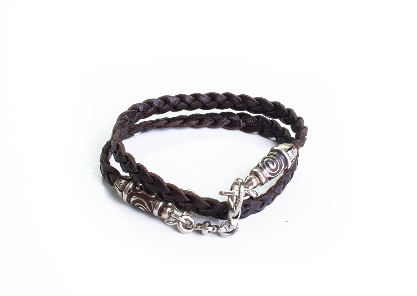 2 Spiral Terminals, 2 Links, and 6 Rings, all made of solid 925 Sterling Silver & Genuine Leather with three hand-braided double strands, Brown, or Black.- PP17