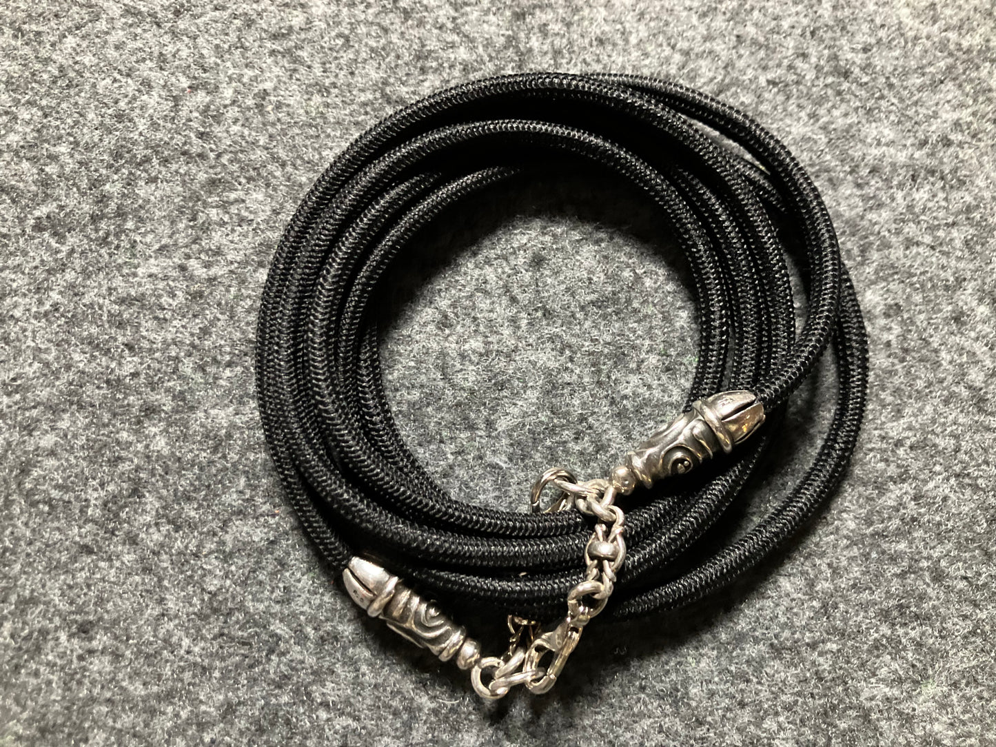 2 Spiral Terminals, 2 Links, and 6 Rings, all made of solid 925 Sterling Silver & Black Elastic Rope Crossbody/Necklace/Choker/Bracelet.- CP11