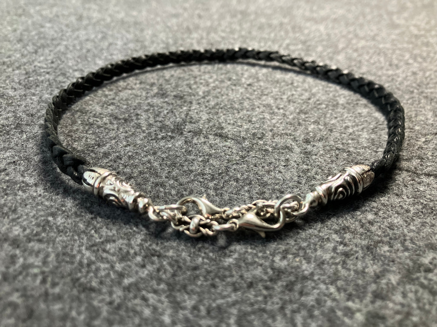 2 Spiral Terminals, 2 Links, and 6 Rings, all made of solid 925 Sterling Silver & Genuine Leather with three hand-braided double strands, Brown, or Black.- PP17
