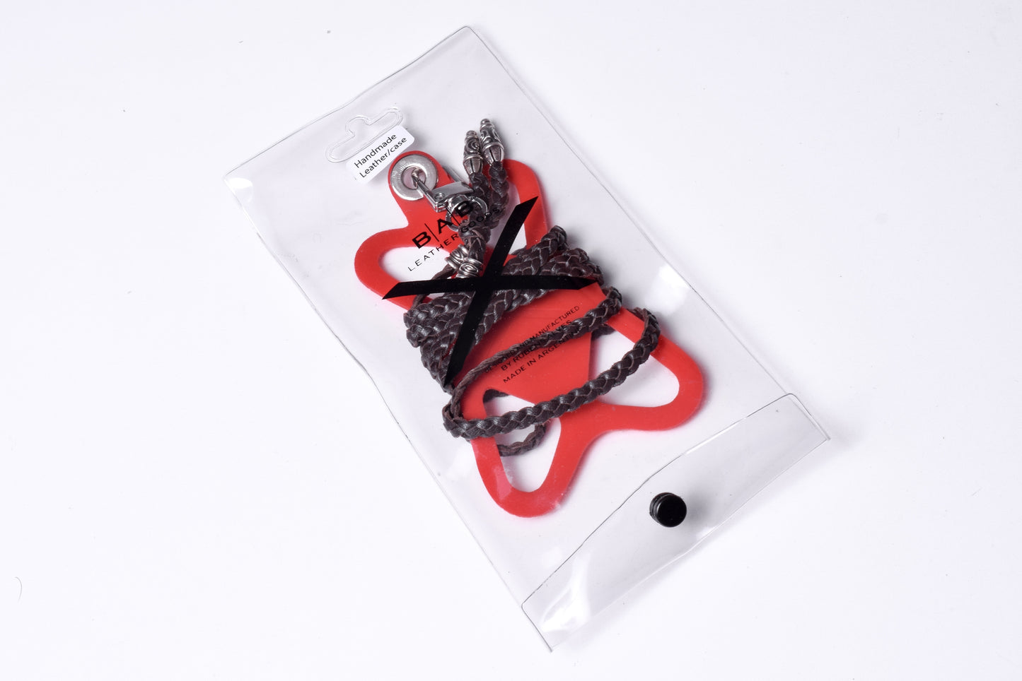 Laser-engraved Silicone cell phone Holder. 2 Spiral Terminals and 2 Spiral Pins, all made of solid 925 Sterling Silver & Genuine Leather Crossbody/Necklace/Bracelet with 3 hand-braided double strands, Brown, or Black.- SP43