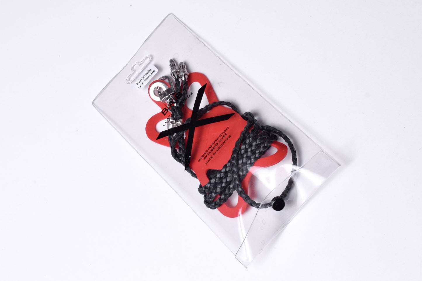 Laser-engraved Silicone cell phone Holder. 2 Skulls and 2 Rope Terminals, all made of solid 925 Sterling Silver & Genuine Leather Crossbody/Necklace/Bracelet with 3 hand-braided double strands, Brown, or Black.- SP30