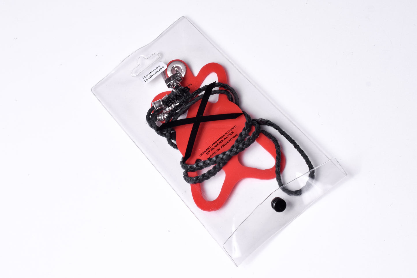 Suporte para celular de Silicone gravado a laser. 2 Terminais de Corda e 2 Pinos de Corda, todos feitos de Prata Esterlina 925 & Crossbody/Colar/Pulseira de Couro Genuíno com 3 fios duplos trançados à mão, Marrom ou Preto.- SP42