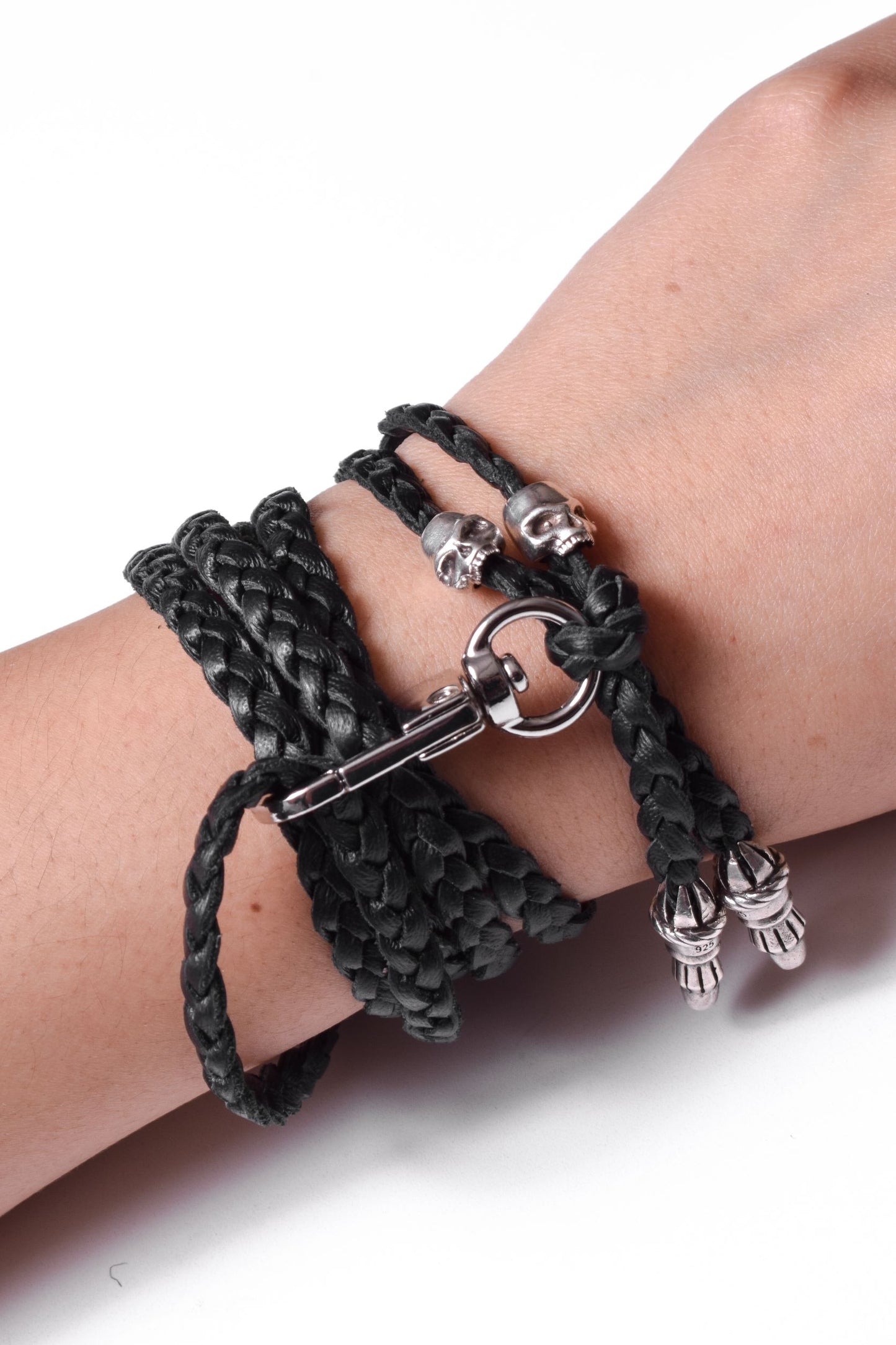 Laser-engraved Silicone cell phone Holder. 2 Skulls and 2 Rope Terminals, all made of solid 925 Sterling Silver & Genuine Leather Crossbody/Necklace/Bracelet with 3 hand-braided double strands, Brown, or Black.- SP30