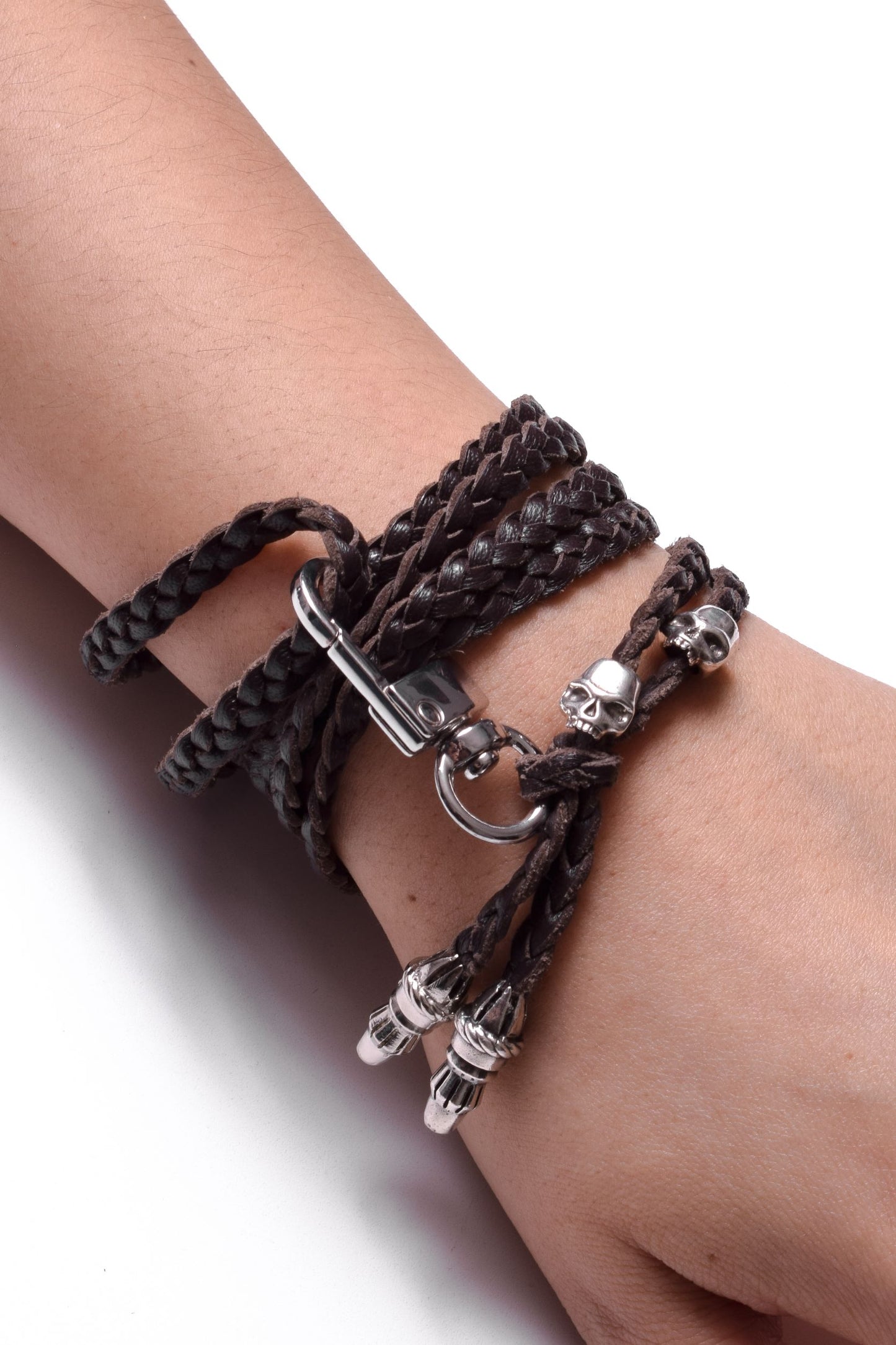 Laser-engraved Silicone cell phone Holder. 2 Skulls and 2 Rope Terminals, all made of solid 925 Sterling Silver & Genuine Leather Crossbody/Necklace/Bracelet with 3 hand-braided double strands, Brown, or Black.- SP30