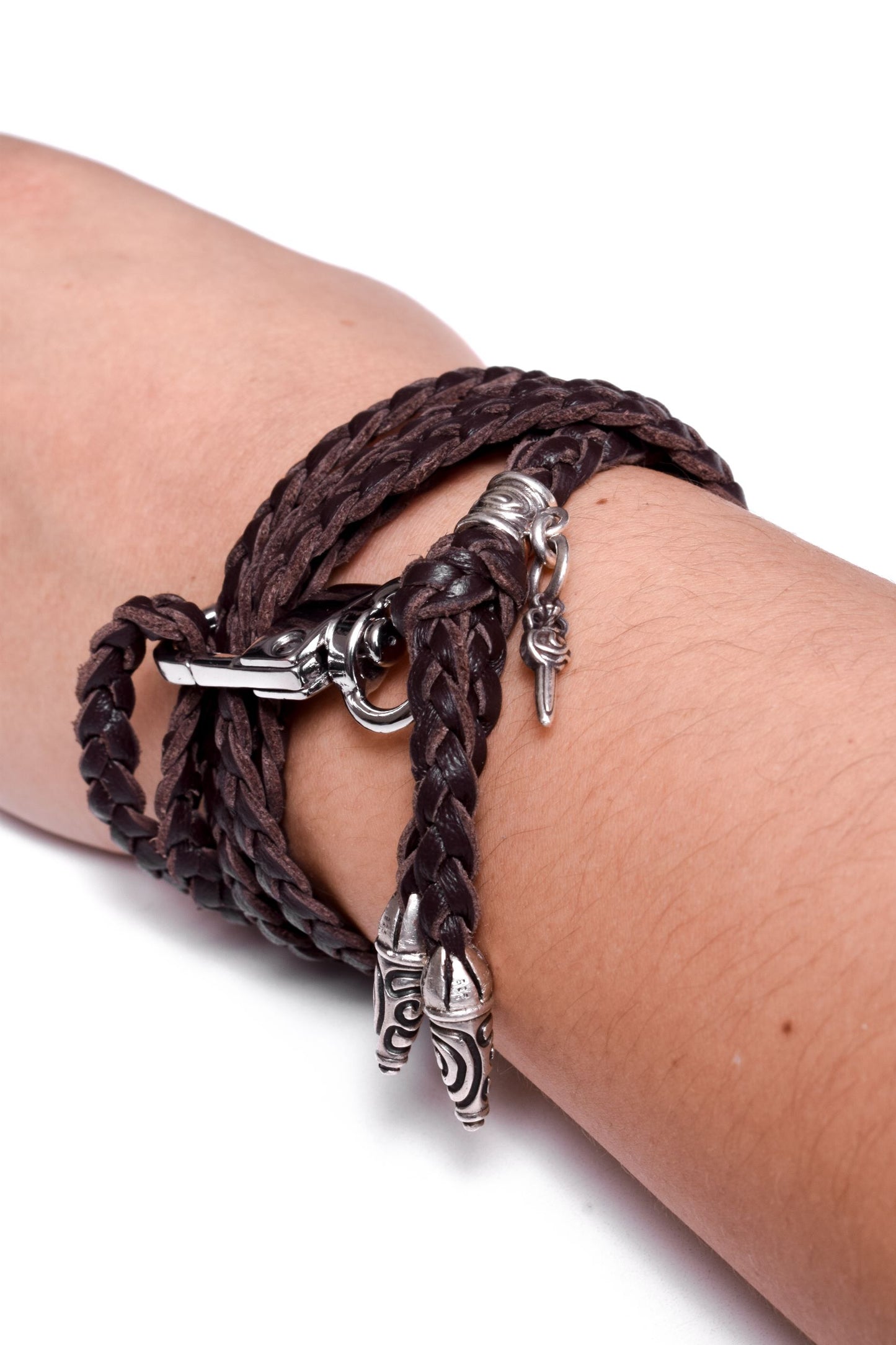 Laser-engraved Silicone cell phone Holder. 2 Spiral Terminals, 1 Spiral Pin with Ring, and 1 Dagger Pendant, all made of solid 925 Sterling Silver & Genuine Leather Crossbody/Necklace/Bracelet with 3 hand-braided double strands, Brown, or Black.- SP32