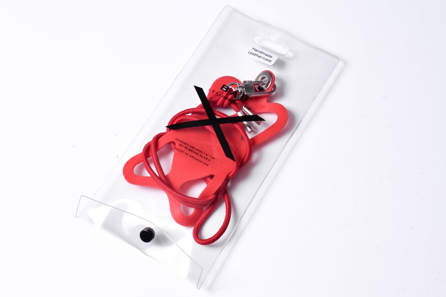 Suporte para celular de Silicone gravado a laser. Crossbody/Colar/Pulseira de Corda Elástica, Multicolorido, Preto ou Vermelho com 1 Mosquetão giratório, 1 Ilhó e 2 Terminais prateados.- S27