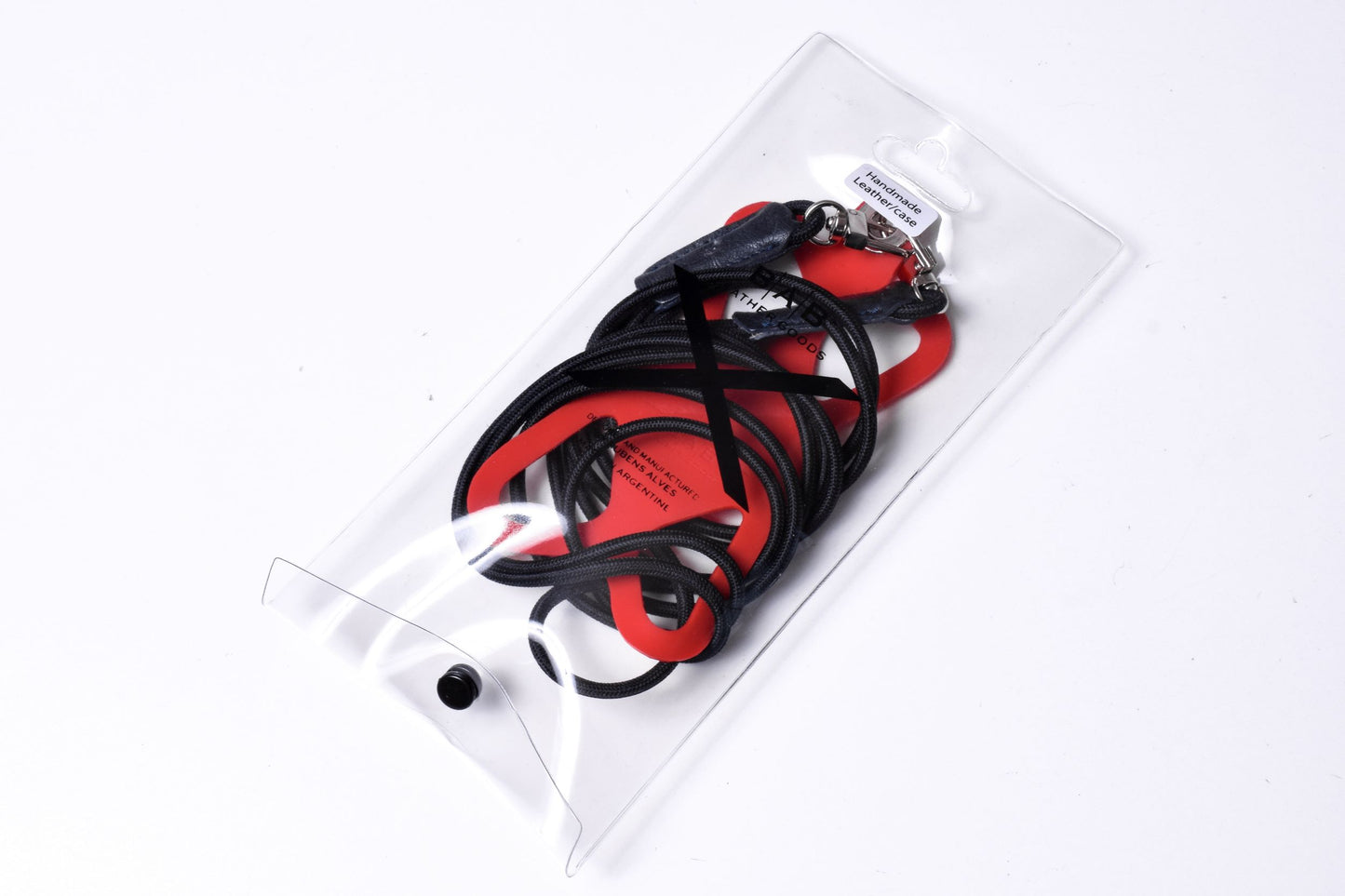Soporte para celular de Silicona grabado con láser. Crossbody/Collar/Pulsera doble de Cuerda Elástica Negra & 2 Terminales de Cuero Full-Grain curtido vegetal al tanino, Azul, Marrón, Negro o Rojo con 2 Mosquetones plateados.- S23