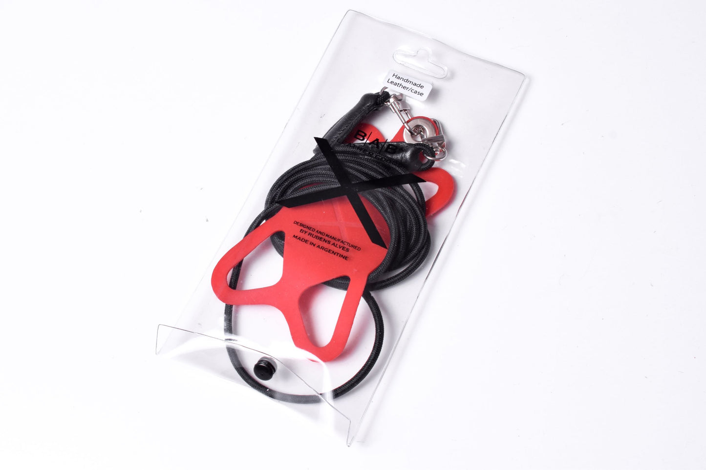Soporte para celular de Silicona grabado con láser. Crossbody/Collar/Pulsera doble de Cuerda Elástica Negra & 2 Terminales de Cuero Full-Grain curtido vegetal al tanino, Azul, Marrón, Negro o Rojo con 2 Mosquetones plateados.- S23