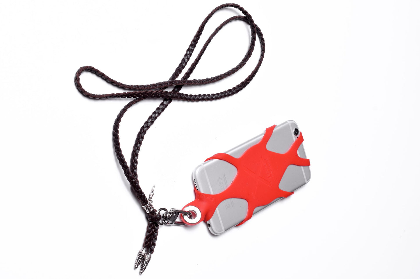 Laser-engraved Silicone cell phone Holder. 2 Spiral Terminals, 1 Spiral Pin with Ring, and 1 Dagger Pendant, all made of solid 925 Sterling Silver & Genuine Leather Crossbody/Necklace/Bracelet with 3 hand-braided double strands, Brown, or Black.- SP32