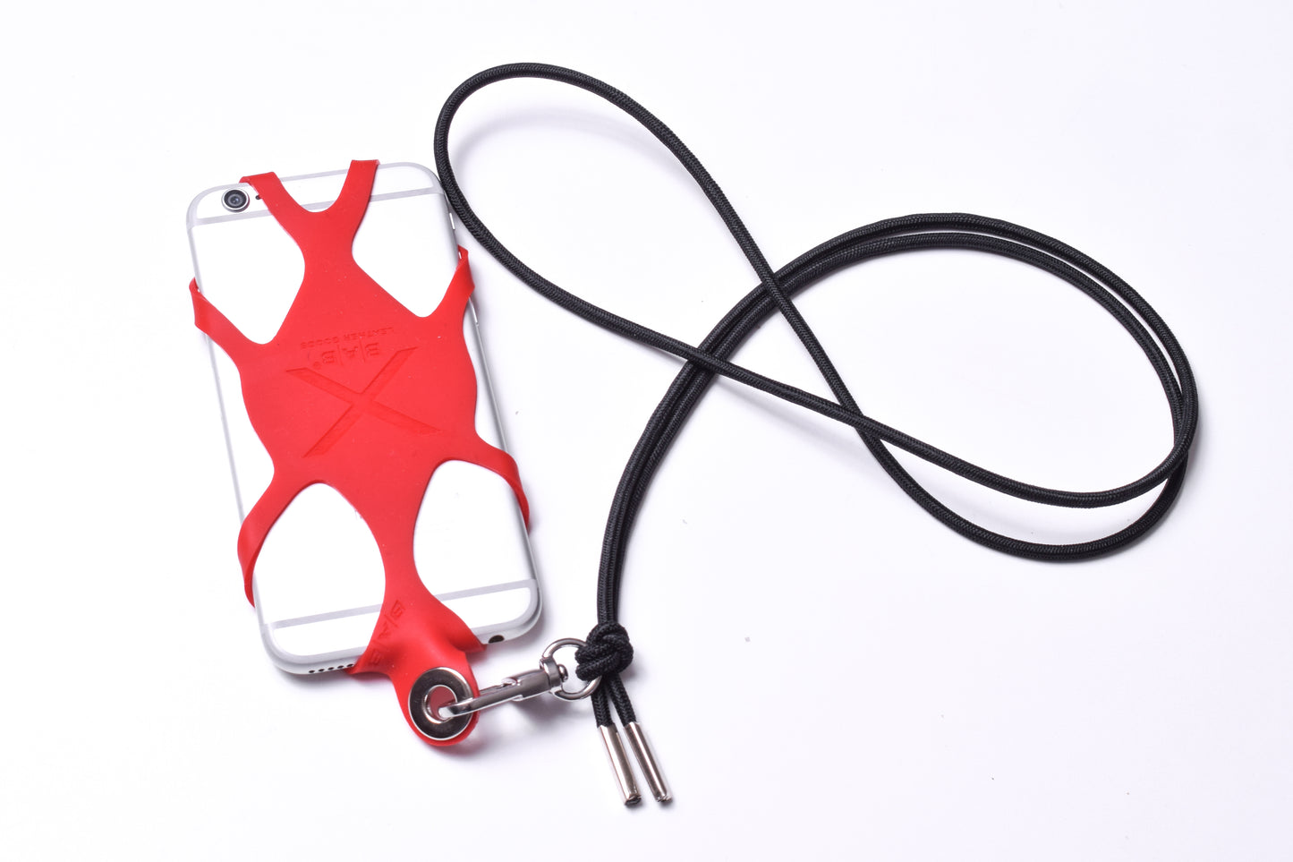 Suporte para celular de Silicone gravado a laser. Crossbody/Colar/Pulseira de Corda Elástica, Multicolorido, Preto ou Vermelho com 1 Mosquetão giratório, 1 Ilhó e 2 Terminais prateados.- S27