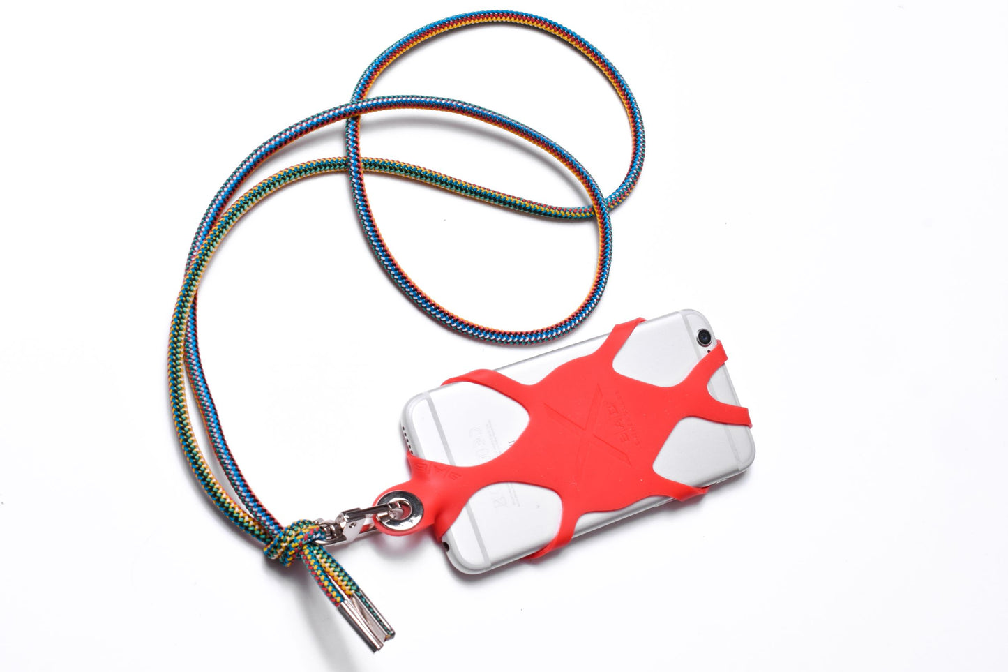 Suporte para celular de Silicone gravado a laser. Crossbody/Colar/Pulseira de Corda Elástica, Multicolorido, Preto ou Vermelho com 1 Mosquetão giratório, 1 Ilhó e 2 Terminais prateados.- S27