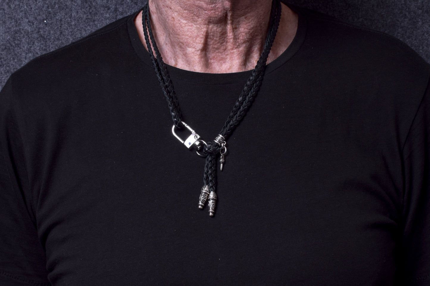 Laser-engraved Silicone cell phone Holder. 2 Spiral Terminals, 1 Spiral Pin with Ring, and 1 Dagger Pendant, all made of solid 925 Sterling Silver & Genuine Leather Crossbody/Necklace/Bracelet with 3 hand-braided double strands, Brown, or Black.- SP32