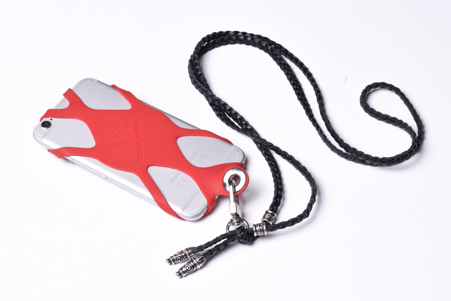 Laser-engraved Silicone cell phone Holder. 2 Spiral Terminals and 2 Spiral Pins, all made of solid 925 Sterling Silver & Genuine Leather Crossbody/Necklace/Bracelet with 3 hand-braided double strands, Brown, or Black.- SP43