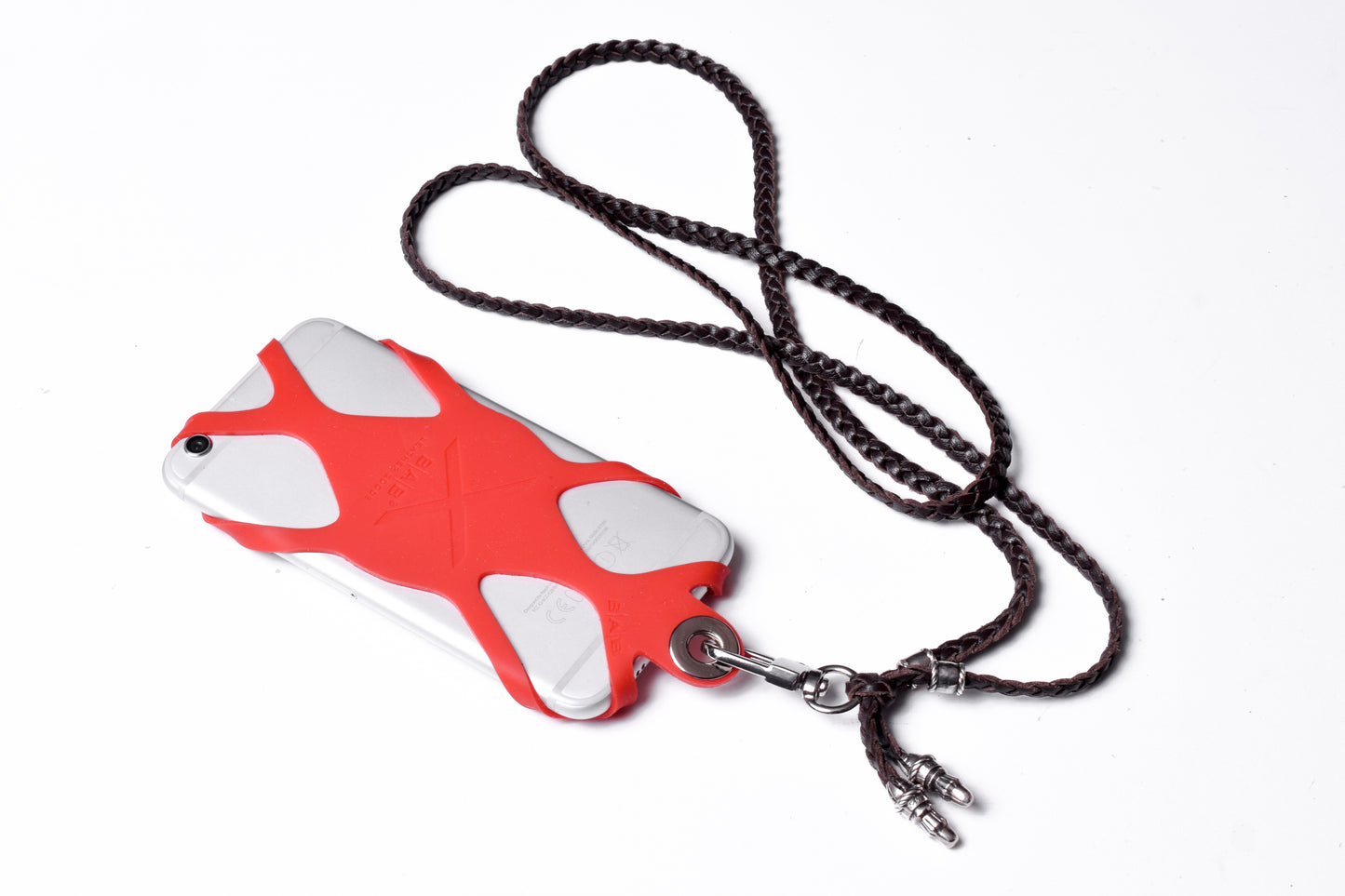 Suporte para celular de Silicone gravado a laser. 2 Terminais de Corda e 2 Pinos de Corda, todos feitos de Prata Esterlina 925 & Crossbody/Colar/Pulseira de Couro Genuíno com 3 fios duplos trançados à mão, Marrom ou Preto.- SP42
