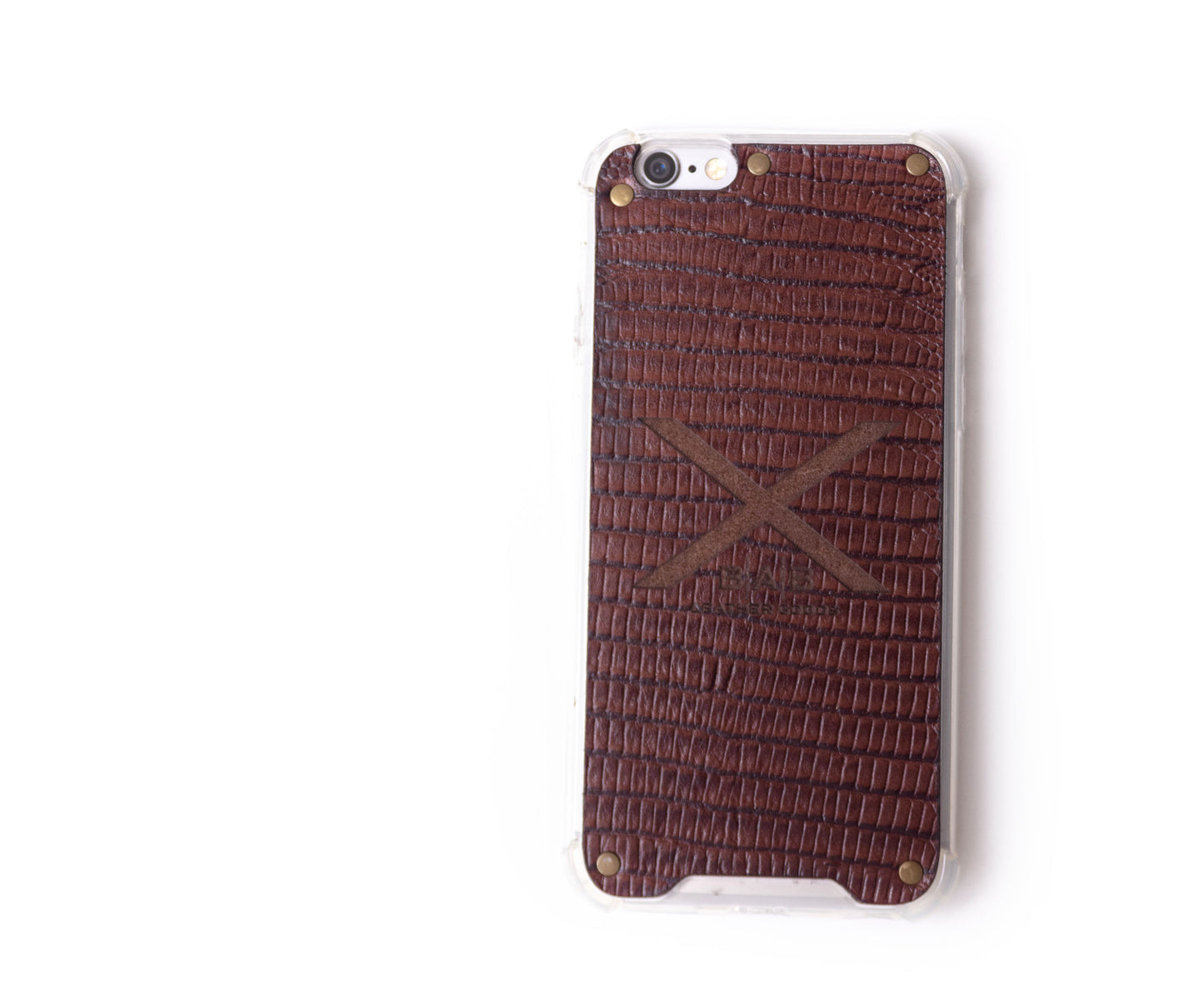 Brown Lizard Patent textured laser-cut & engraved Genuine Leather iPhone Case/microfiber & 5 Bronze Rivets.- F36
