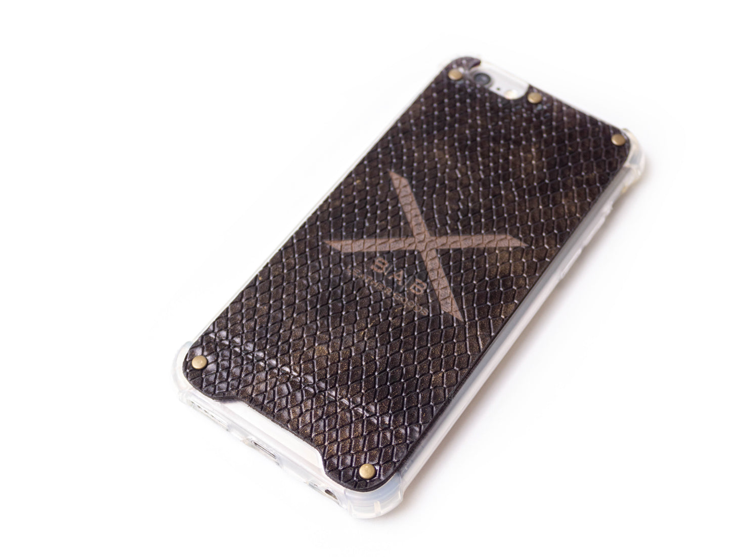 Gold Python Patent textured laser-cut & engraved Genuine Leather iPhone Case/microfiber & 5 Bronze Rivets.- F36