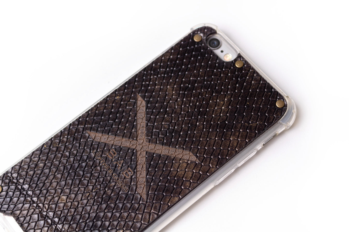Gold Python Patent textured laser-cut & engraved Genuine Leather iPhone Case/microfiber & 5 Bronze Rivets.- F36