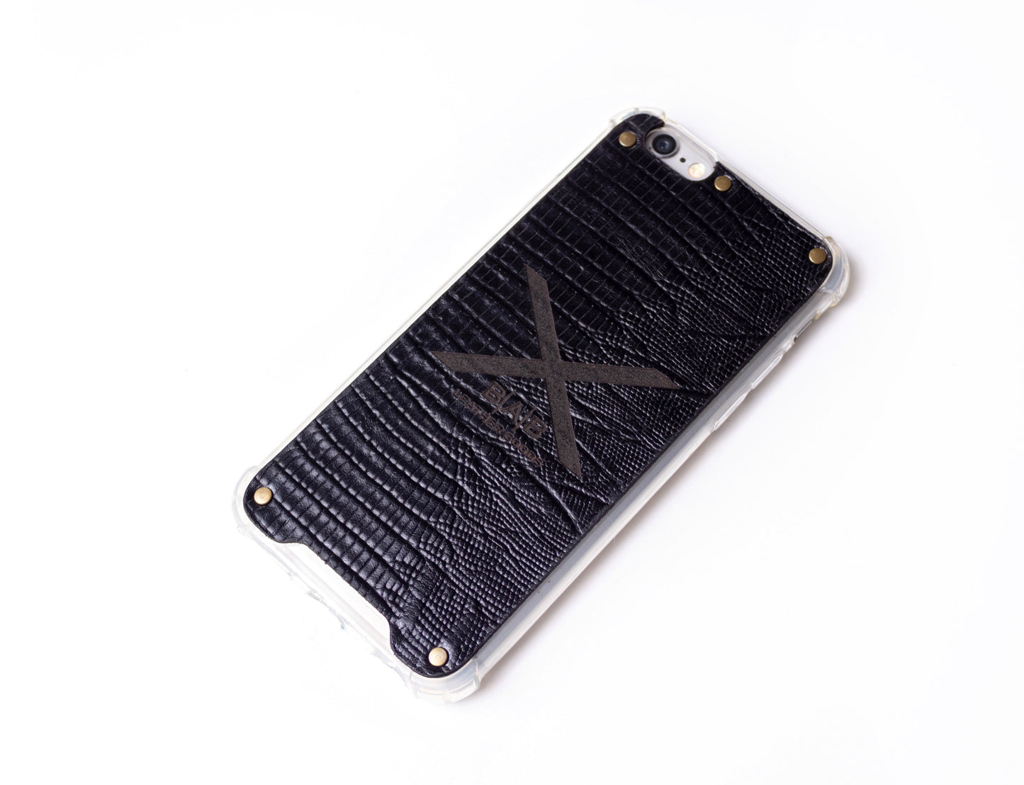 Black Lizard Patent textured laser-cut & engraved Genuine Leather iPhone Case/microfiber & 5 Bronze Rivets.- F36