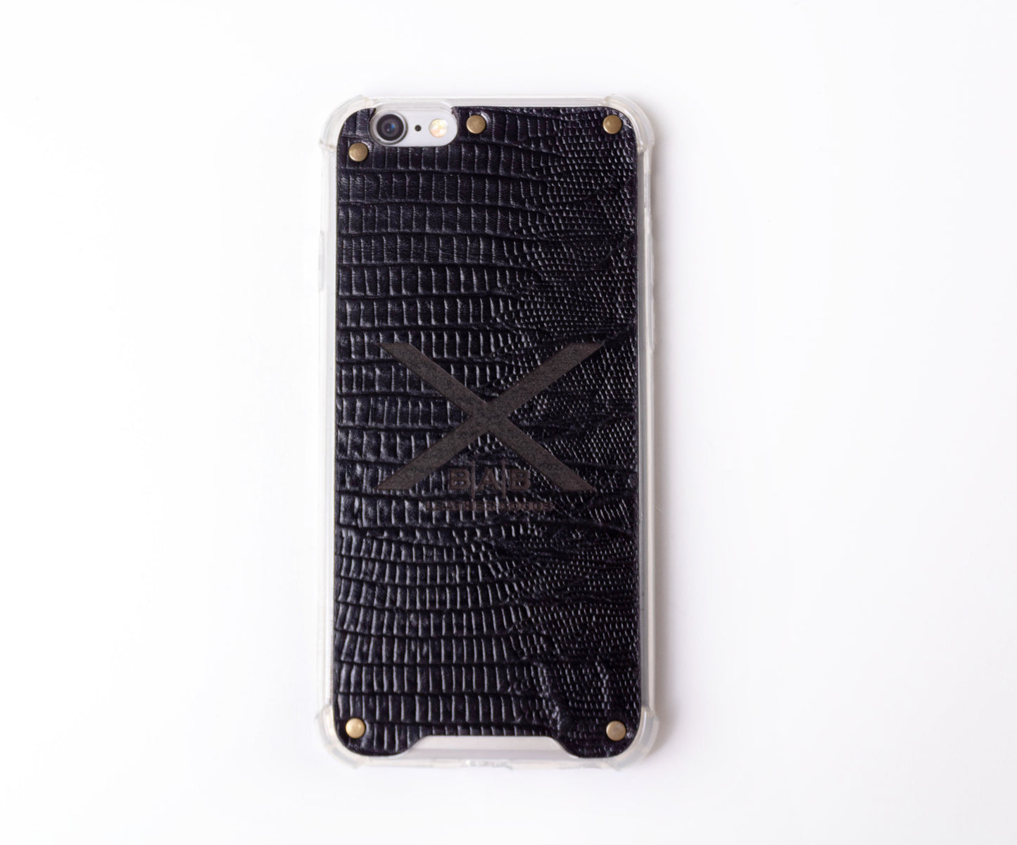 Black Lizard Patent textured laser-cut & engraved Genuine Leather iPhone Case/microfiber & 5 Bronze Rivets.- F36