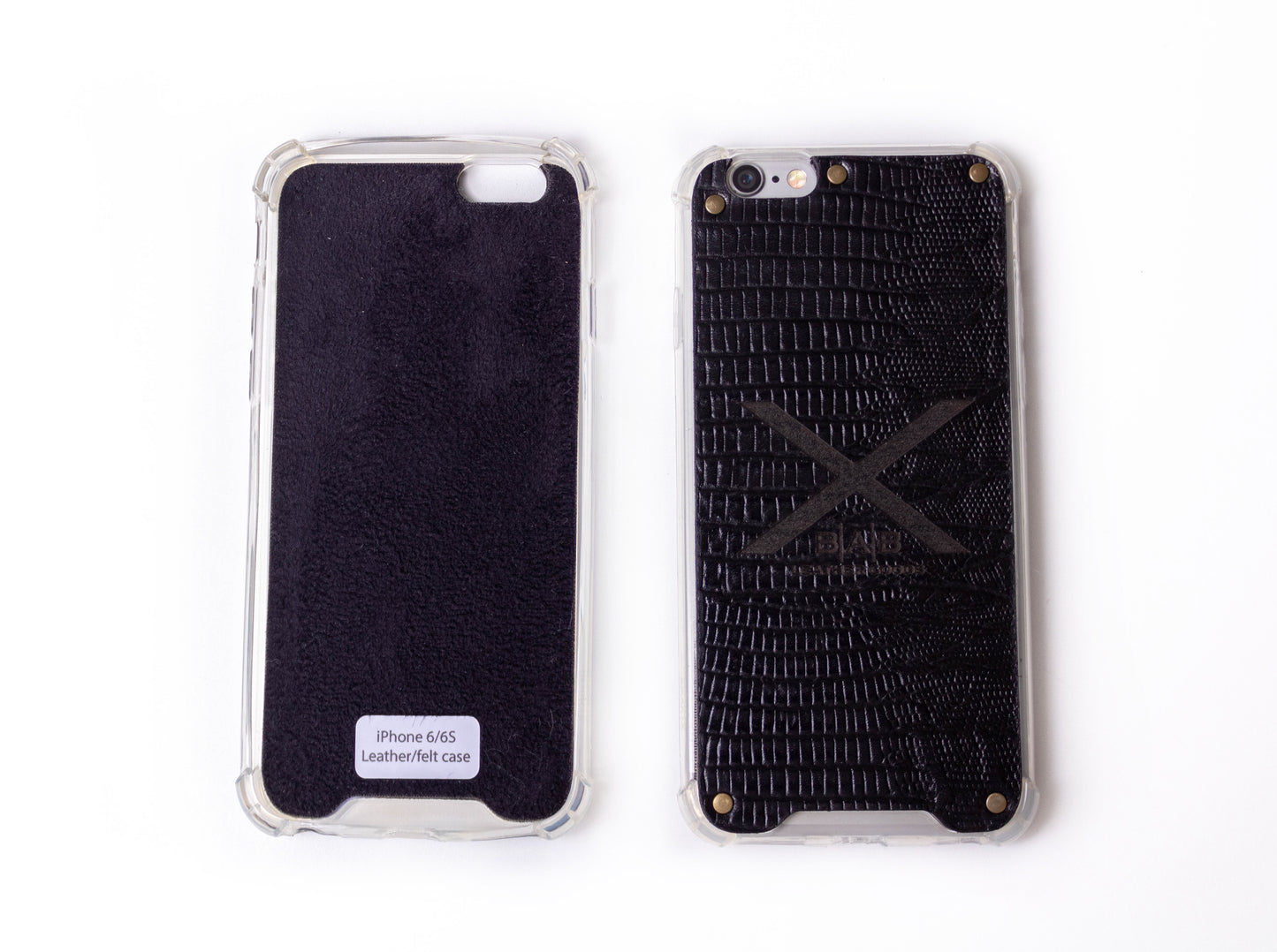 Black Lizard Patent textured laser-cut & engraved Genuine Leather iPhone Case/microfiber & 5 Bronze Rivets.- F36