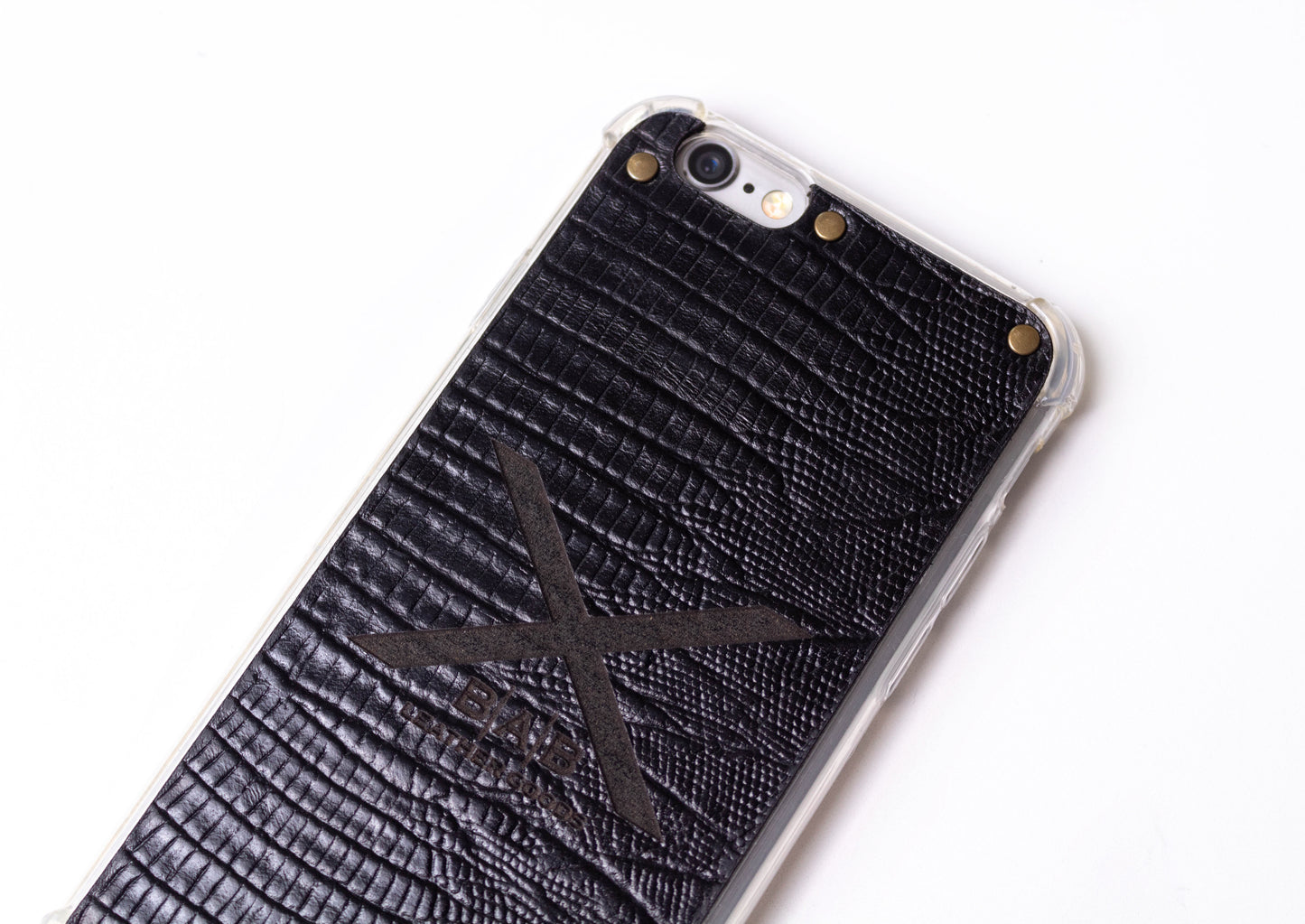 Black Lizard Patent textured laser-cut & engraved Genuine Leather iPhone Case/microfiber & 5 Bronze Rivets.- F36
