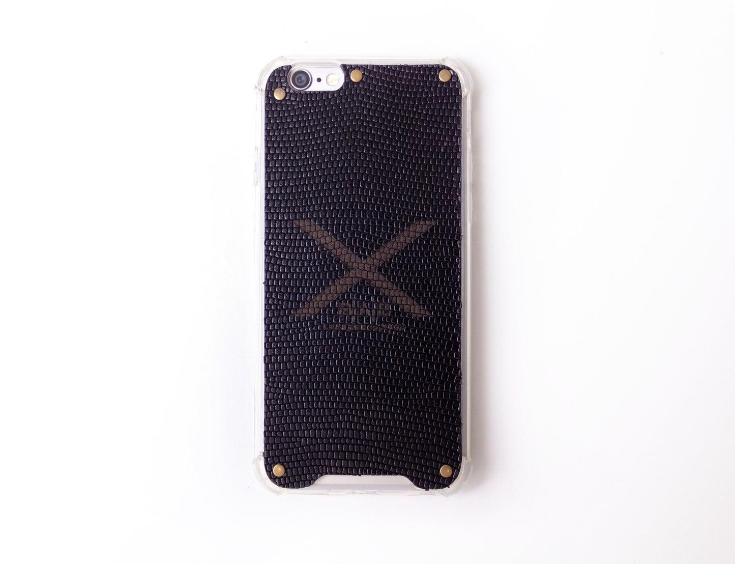 Black Snake Patent Textured Laser-cut & Engraved Genuine Leather iPhone Case/microfiber & 5 Bronze Rivets.- F36