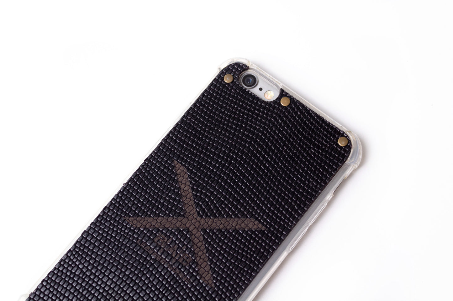 Black Snake Patent Textured Laser-cut & Engraved Genuine Leather iPhone Case/microfiber & 5 Bronze Rivets.- F36