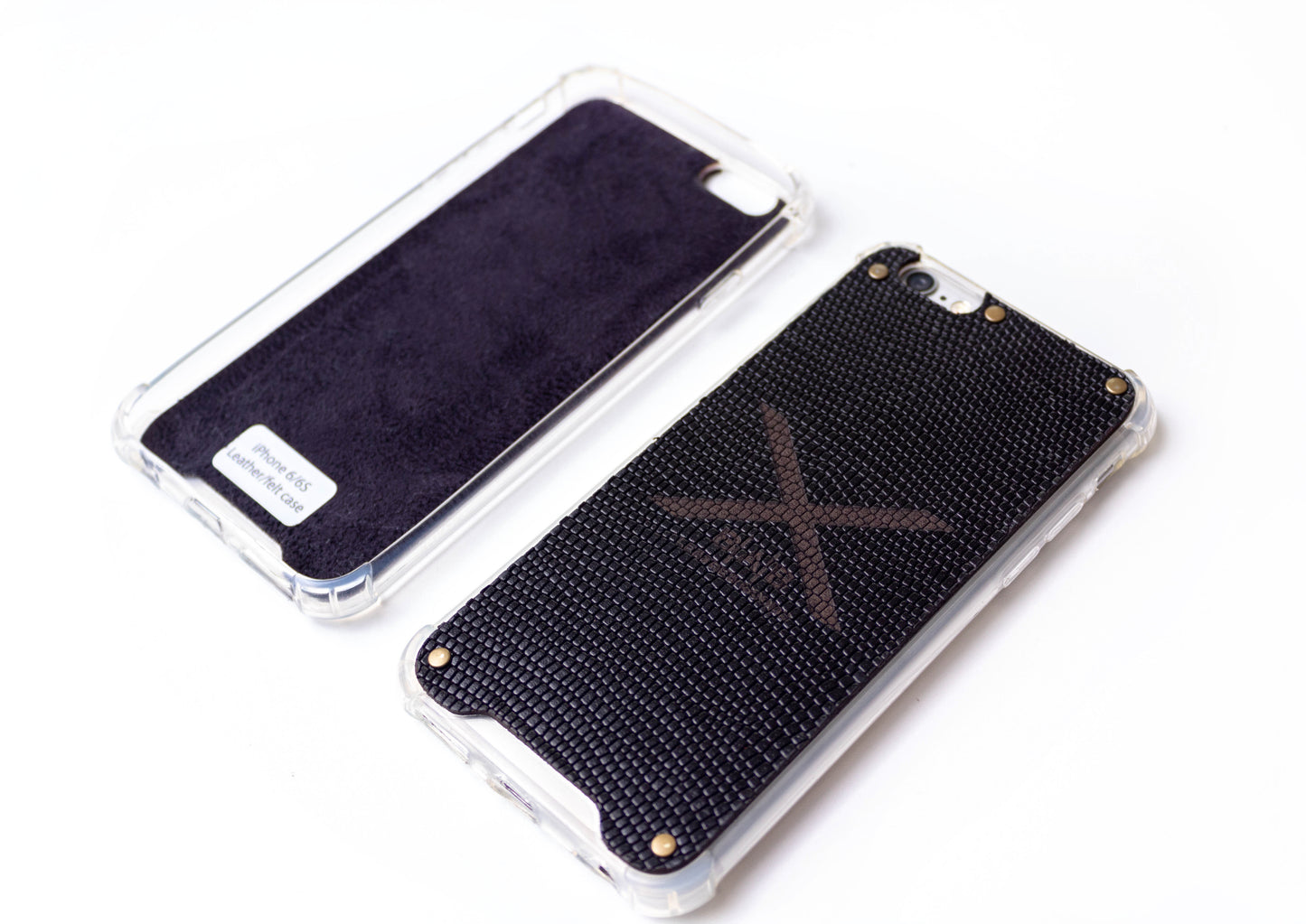 Black Snake Patent Textured Laser-cut & Engraved Genuine Leather iPhone Case/microfiber & 5 Bronze Rivets.- F36