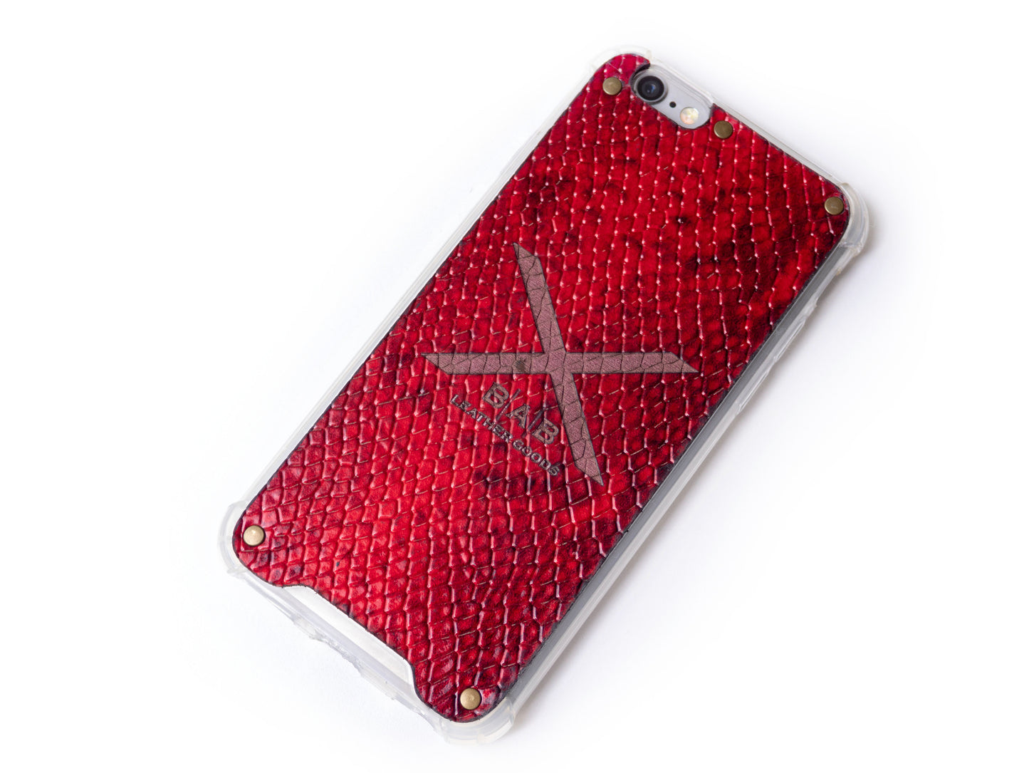 Red Python Patent textured laser-cut & engraved Genuine Leather iPhone Case/microfiber & 5 Bronze Rivets.- F36