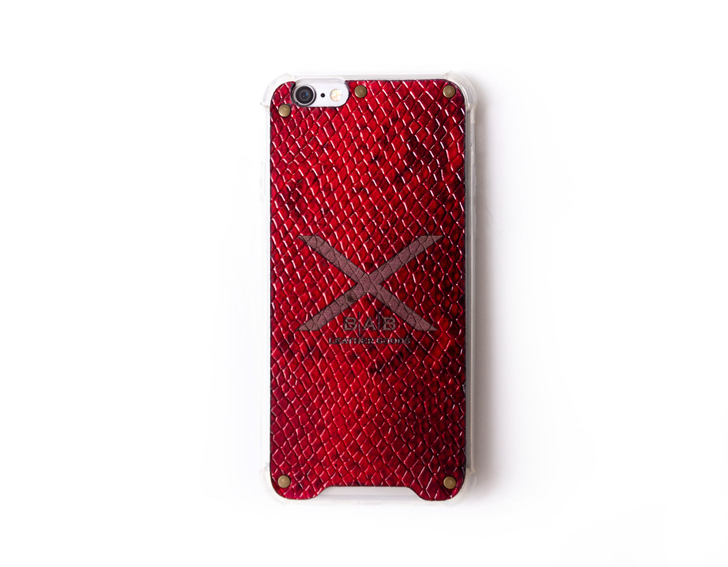 Red Python Patent textured laser-cut & engraved Genuine Leather iPhone Case/microfiber & 5 Bronze Rivets.- F36
