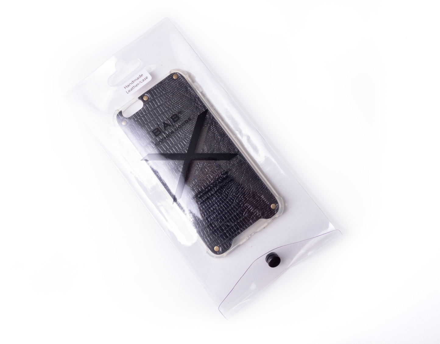 Black Lizard Patent textured laser-cut & engraved Genuine Leather iPhone Case/microfiber & 5 Bronze Rivets.- F36