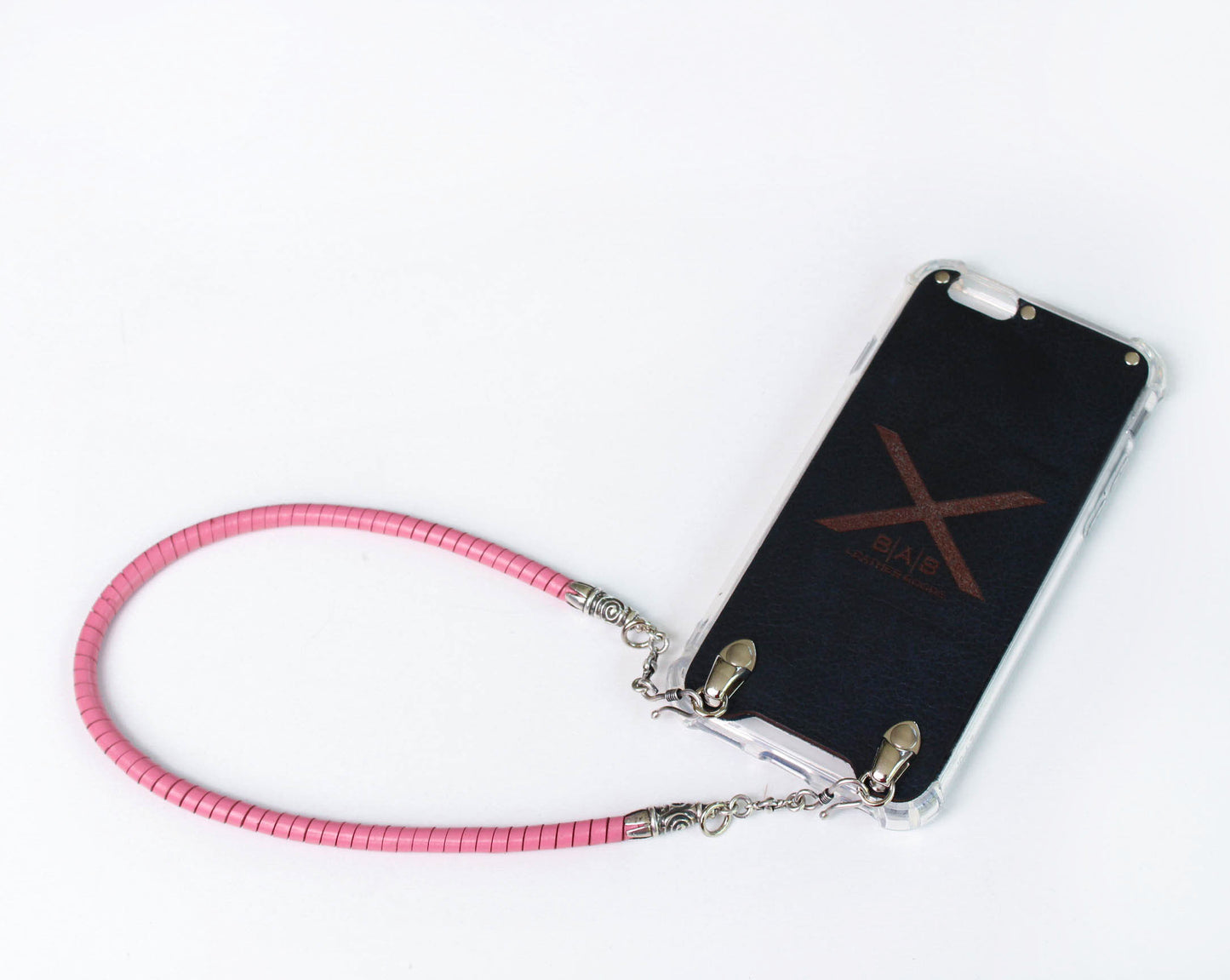 Full-Grain vegetable-tanned Genuine Leather iPhone Case. 2 Spiral Terminals, 2 Links, 2 S-clasps, and 6 Rings, all made of 925 Sterling Silver & Hand-braided Pink Genuine Leather Spiral Strap/Choker/Bracelet.- F01